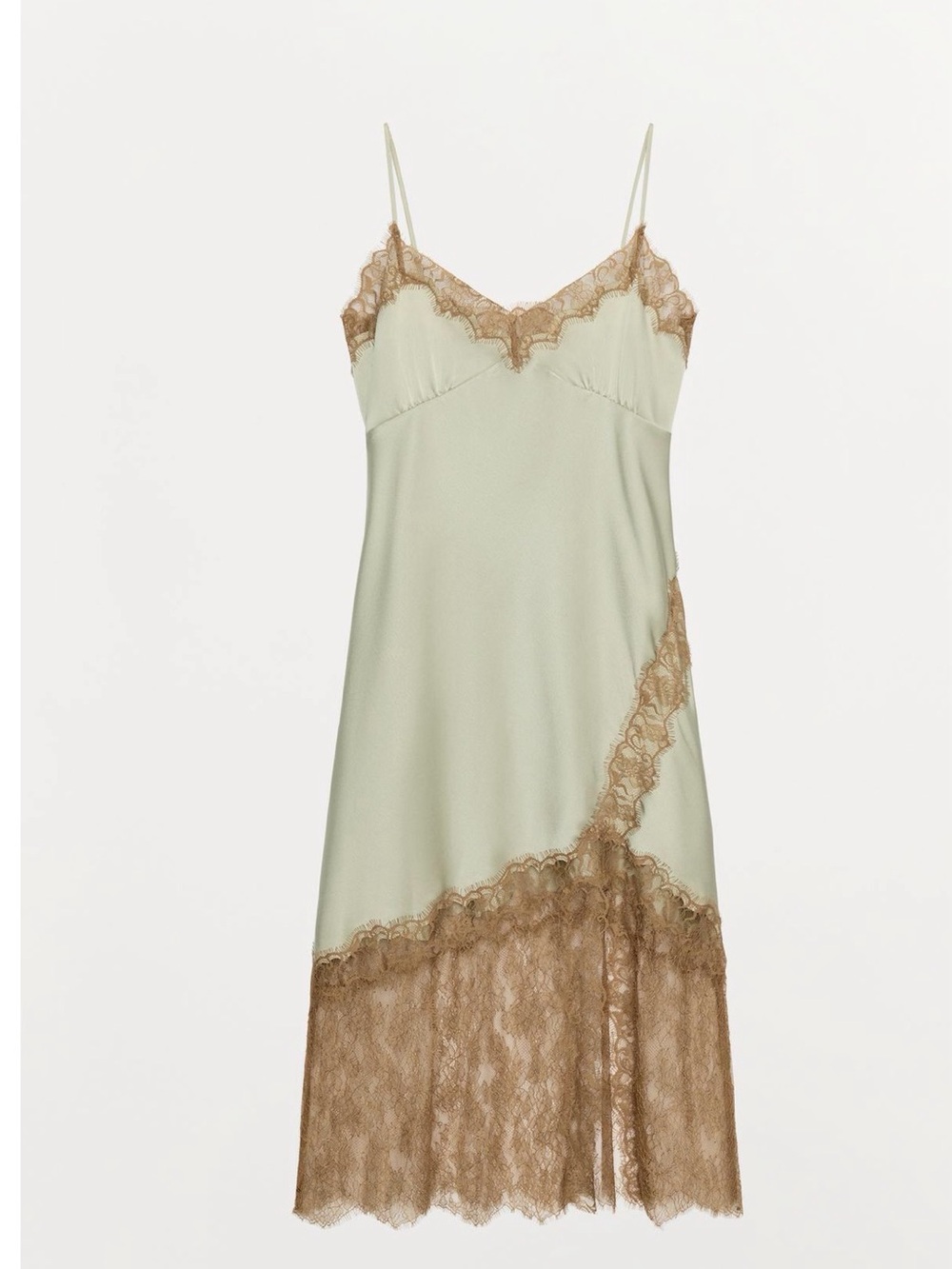 NWT Zara Pale Sea Green Slip Dress with Tan Lace Trim Size Large 2678/048 - Picture 8 of 10